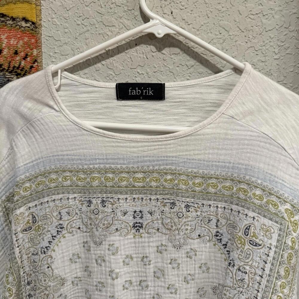 NWOT Fab'rik Tan and White Checked T-Shirt Women’s Designer Linen Blouse Small - Picture 3 of 7